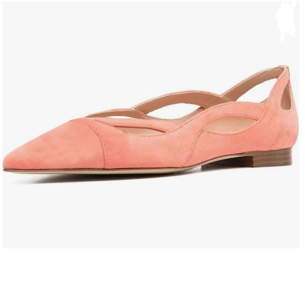 XYD Light Salmon Suede Pointed Toe Comfortable Cut Out Walking Low Heel Shoes